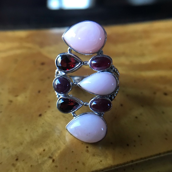 Natural Pink Opal Ruby Garnet Sterling Silver Cocktail Ring - Picture 1 of 9